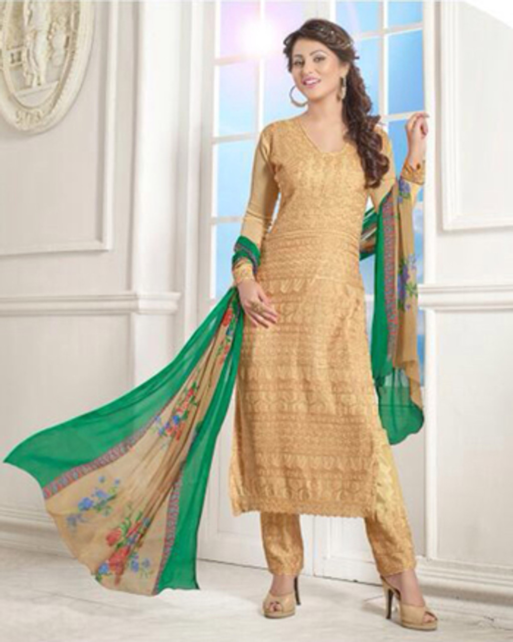 Soft Premium Net Party Wear Readymade Salwar Suit In Golden color with  Embroidered Work - Party Wear Salwar Suit - Suits & Sharara